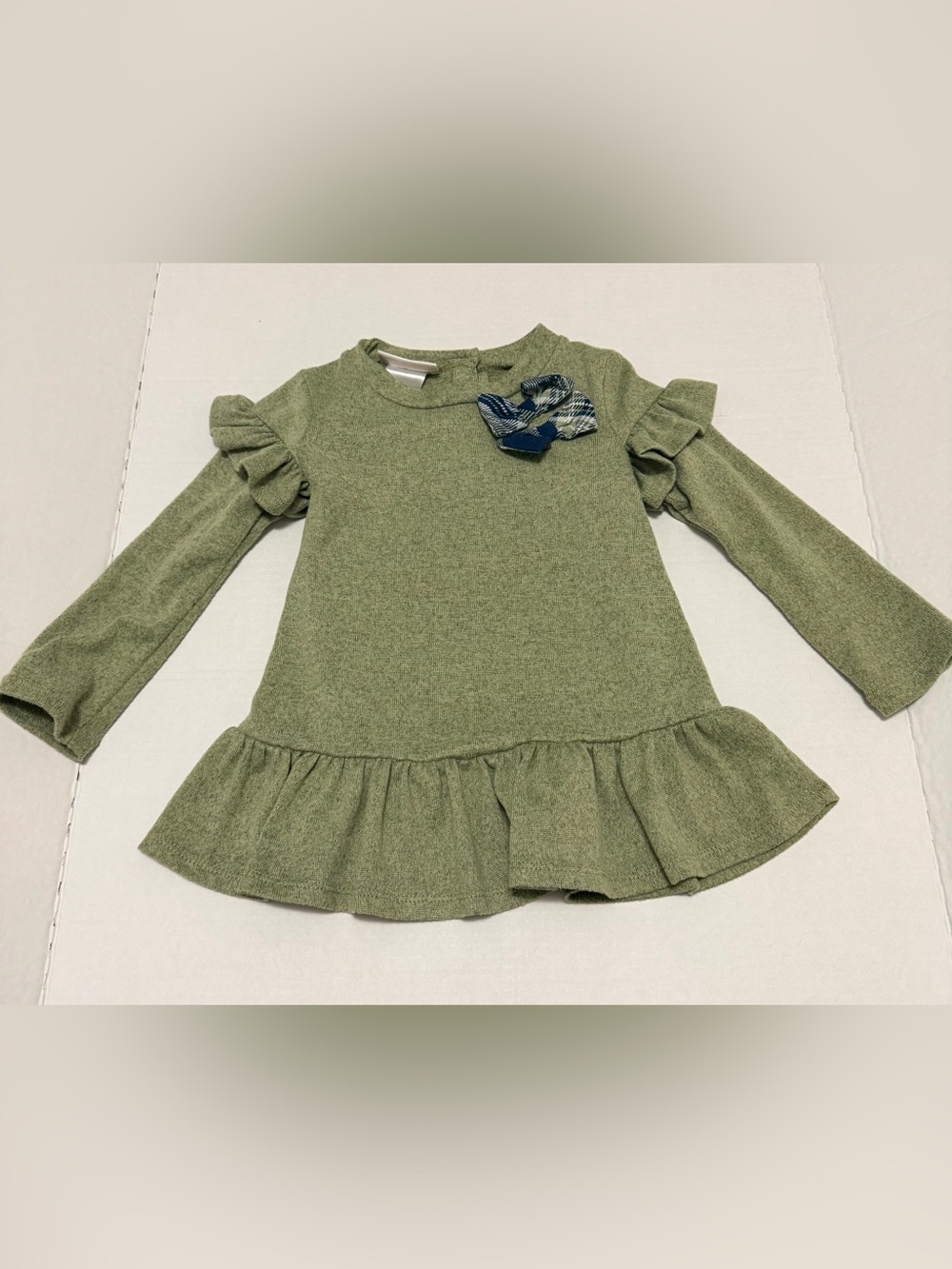 Bonnie Jean Olive Green Ruffle Hem Dress with Plaid Bow